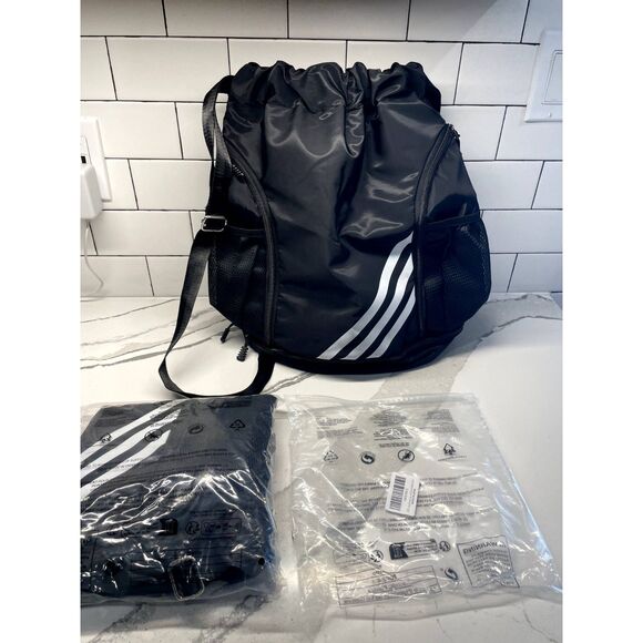 Large Water Resistant Sports Backpack Gym Drawstring Bag Backpack, Black, White - Picture 6 of 7